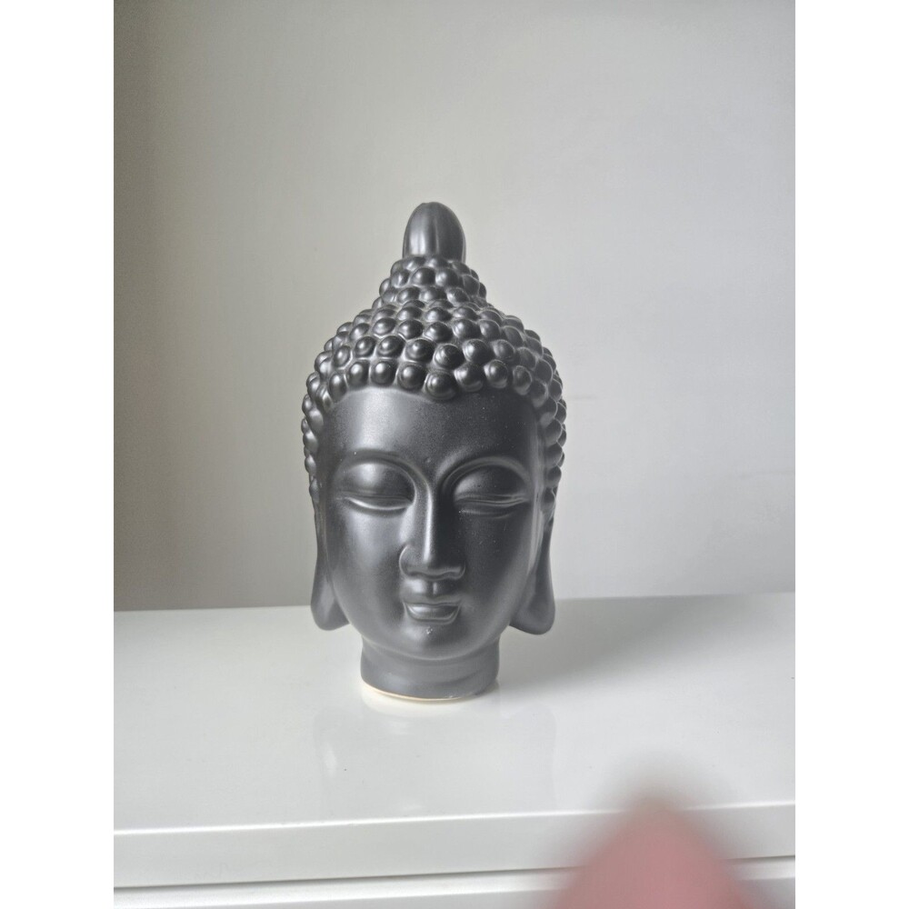 Matte Black Ceramic Buddha Head Statue 9.5" Zen Decor Sculpture Tabletop